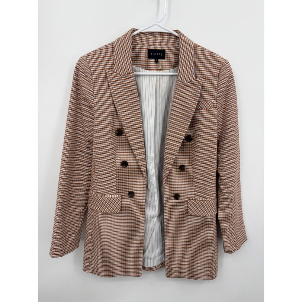 1.STATE Plaid Double Breasted Blazer Women 2 Brown‎ Checkered Longline Jacket